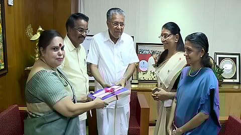 The Hema Committee members handing over the report to CM Pinarayi Vijayan in 2019.