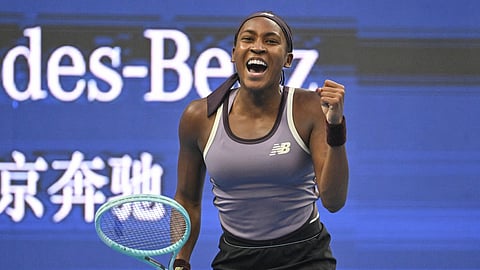 USA's Coco Gauff after winning match point against Spain's Paula Badosa in their women's singles semifinal match at the China Open in Beijing