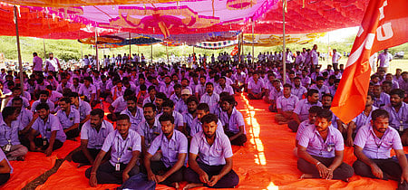 Samsung company workers during a protest to bring CITU inside Samsung company to support the workers in Sriperumpudur.