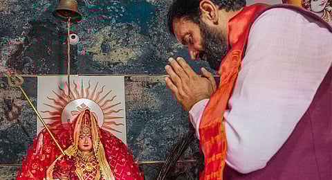 Haryana Chief Minister Nayab Singh Saini offers prayers before Goddess Durga during Navratri festival.