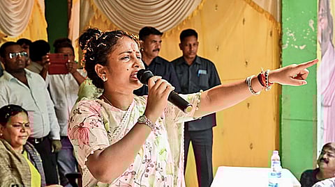 Jharkhand Mukti Morcha (JMM) leader Kalpana Soren addresses a programme under the Maiya Samman Scheme, in Singhbhum, Sept. 29, 2024.