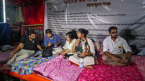 Few junior doctors, protesting over the alleged rape and murder of their colleague at the RG Kar hospital, begin their fast unto death, claiming that their demands were not fulfilled by the West Bengal government, in Kolkata, Saturday, Oct 5, 2024.