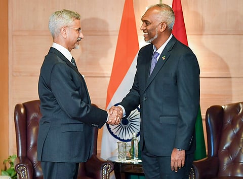 External Affairs Minister S Jaishankar with Maldives President Mohamed Muizzu during a meeting, in New Delhi.