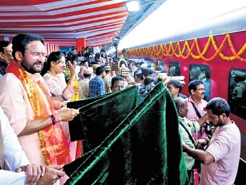 Union Coals and Mines Minister G Kishan Reddy flags off the inaugural journey of the express train to Vasco-Da-Gama at Secunderabad Railway Station on Sunday