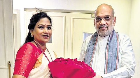 Home Minister V Anitha with Union Home Minister Amit Shah at a meeting of Chief Ministers of Left Wing Extremism affected States in New Delhi on Monday