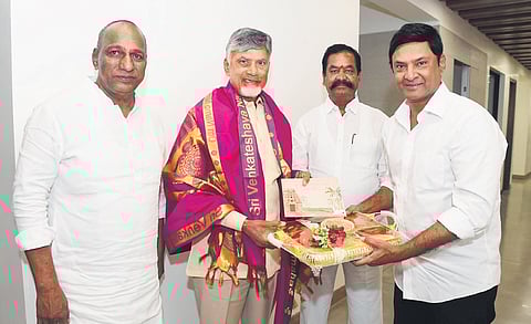 BRS MLAs Ch Malla Reddy and Marri Rajashekar Reddy invite Andhra Pradesh Chief Minister N Chandrababu Naidu to the wedding of Rajasekhar Reddy’s daughter, in Hyderabad on Monday. Former MLA Teegala Krishna Reddy is also seen.