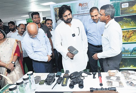 Deputy Chief Minister Pawan Kalyan attends an event held at Aranya Bhavan in Mangalagiri on Monday to mark the 70th Wildlife Week celebrations