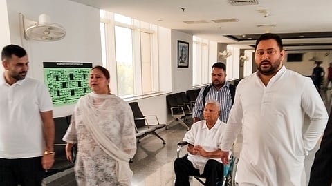 Former Bihar CM Lalu Prasad Yadav, Tejashwi Yadav, Tej Pratap Yadav, Misa Bharti arrive to appear at the Rouse Avenue Court in connection with the job for land money laundering case, in New Delhi