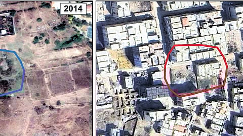 Satellite images of a lake at Kistareddypet in Ameenpur mandal in 2014 (left) and 2023 (right); it is now fully encroached.