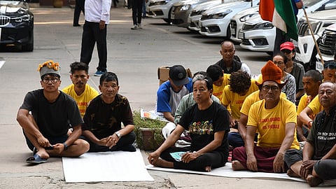 Climate activist Sonam Wangchuk with other protestors during his hunger strike, at Ladakh Bhavan in New Delhi.