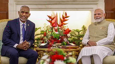 New Delhi: Prime Minister Narendra Modi with President of Maldives Mohamed Muizzu during a meeting at Hyderabad House, in New Delhi, Monday, Oct. 7, 2024.