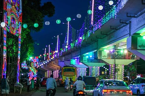 Bhubanesswar - Colourful lights decorated at Bomikhal for the Durga Puja Festival in Bhubaneswar on Thursday evening.