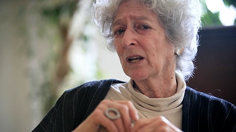 Author Lore Segal gestures during an interview in New York, Feb. 19, 2010