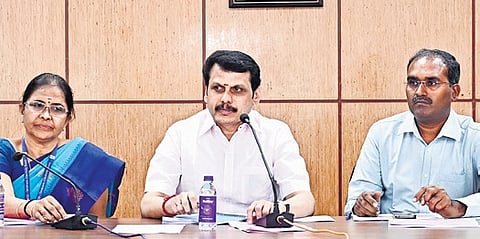 Minister Senthil Balaji taking part in a review meeting on Tuesday