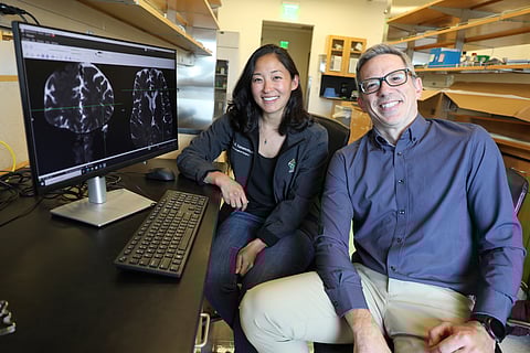 This undated photo provided by the Oregon Health & Science University in October 2024 shows Drs. Erin Yamamoto, left, and Juan Piantino, who used special imaging to spot a long-suspected pathway the human brain uses to clear waste.