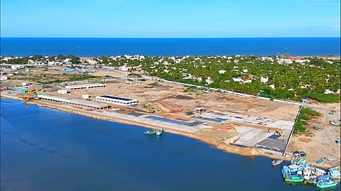An aerial view of the Nagapattinam fishing harbour and the ongoing
development works at the site