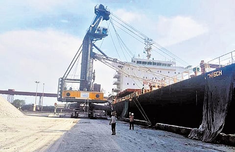 The crane’s collapsed midsection perched on the vessel at Paradip Port