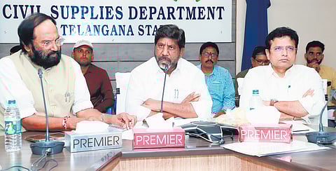 Deputy Chief Minister Mallu Bhatti Vikramarka, Irrigation Minister N Uttam Kumar Reddy and IT & Industries Minister D Sridhar Babu at a meeting of the Cabinet sub-committee on paddy procurement in Hyderabad on Wednesday