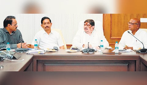 Transport and BC Welfare Minister Ponnam Prabhakar speaks during a meeting on caste census held at the Secretariat in Hyderabad on Tuesday