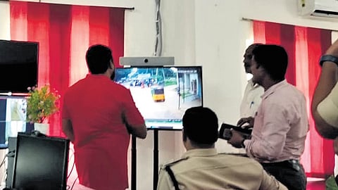 Police personnel analyse CCTV
footage from areas adjacent to the hospital in Sangareddy on Wednesday.