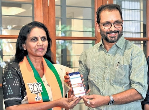 Former DGP R Sreelekha joins BJP in the presence of party state president K Surendran on Wednesday