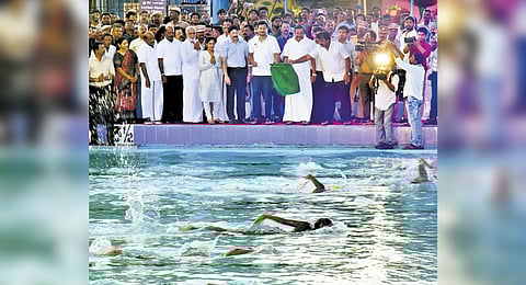 Deputy Chief Minister Udhayanidhi Stalin inaugurating the swimming pool renovated by Chennai corporation near Marina Beach on Tuesday