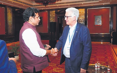 Industries Minister D Sridhar Babu interacts with a delegate from French Aerospace Industries Association (GIFAS), on Wednesday.