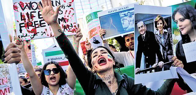 Iranian women protest post the custodial death of Mahsa Amini.