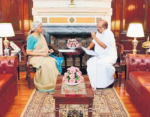 Kerala’s special representative in Delhi K V Thomas interacting with Union Finance Minister Nirmala Sitaraman at the latter’s office.