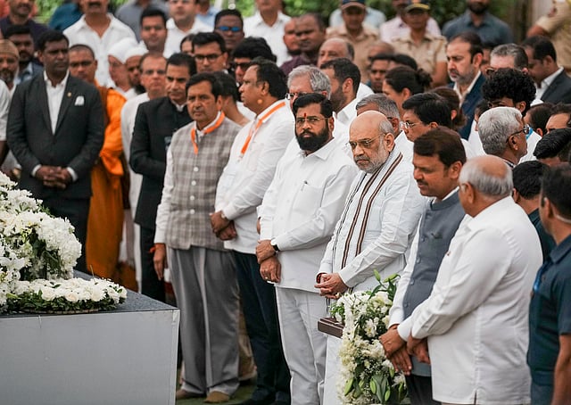 Union Home Minister Amit Shah with Maharashtra CM Eknath Shinde, Dy CM Devendra Fadnavis and others after paying his last respects to business leader Ratan Tata at NCPA lawns, in Mumbai, Thursday, Oct. 10, 2024.
