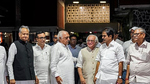 Congress leaders Pawan Khera, Ashok Gehlot, Ajay Maken, Bhupinder Singh Hooda, Jairam Ramesh, KC Venugopal and Udai Bhan come out after meeting Election Commissioners at Nirvachan Sadan, in New Delhi, Wednesday, Oct. 9, 2024.
