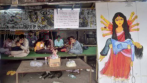 Junior doctors during their hunger strike over the alleged sexual assault and murder of a trainee doctor, in Kolkata.