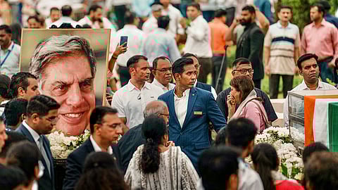 People pay homage to business leader Ratan Tata at NCPA lawns, in Mumbai, Thursday, Oct. 10, 2024.