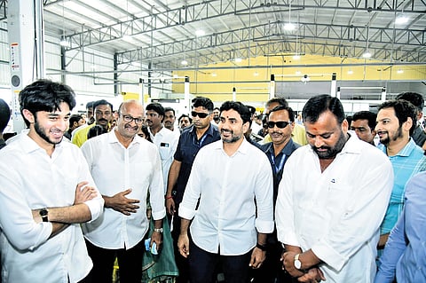 HRD Minister N Lokesh at the inauguration of Kia showroom on Friday