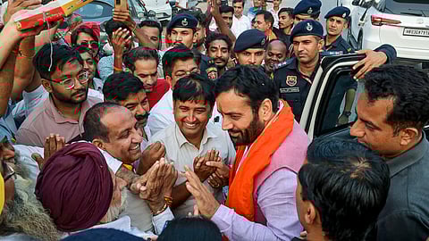 Haryana Chief Minister Nayab Saini being greeted by supporters after winning the Assembly elections from Ladwa constituency, at Ladwa, in Kurukshetra district, Tuesday, Oct. 8, 2024.