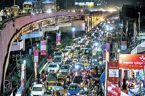 Vehicles stuck in traffic jams near Rasulgarh puja pandal in Bhubaneswar.