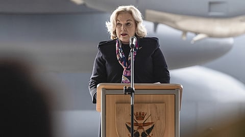 In this photo provided by New Zealand Defence Force, New Zealand's Defense Minister Judith Collins speaks at Auckland's Whenuapai Air Force Base, on Sept 10, 2024.