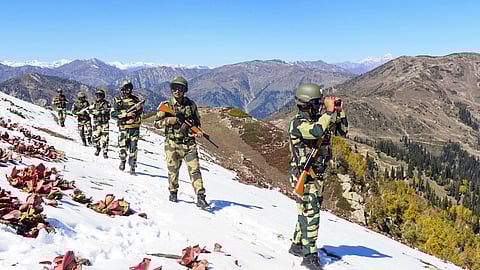 Border Security Force (BSF) personnel patrol at Line of Control (LOC) in Jammu and Kashmir on Wednesday, Oct. 09, 2024.