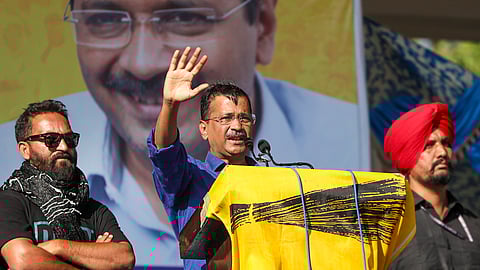 AAP National Convener Arvind Kejriwal addresses a public meeting after the Jammu and Kashmir Assembly elections, in Doda district, Jammu & Kashmir, Sunday, Oct. 13, 2024.