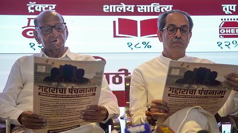 NCP (SP) Chief Sharad Pawar with Shiv Sena (UBT) Chief Uddhav Thackeray during the Maha Vikas Aghadhi press conference, in Mumbai, Sunday, Oct. 13, 2024.