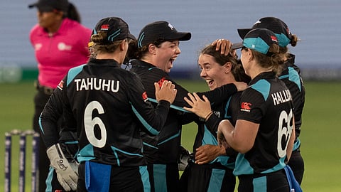 New Zealand's Fran Jonas, centre, celebrates a wicket against Pakistan during the ICC Women's T20 World Cup 2024 match at the Dubai International Stadium.