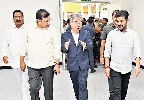 Chief Minister A Revanth Reddy and Industries Minister D Sridhar Babu visit the Foxconn Interconnect Technology factory at Kongara Kalan on Monday