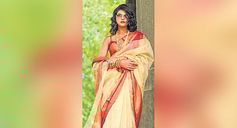 Sari in cream and gold with heavy gold border and zari motifs all over