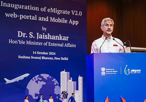 External Affairs Minister S. Jaishankar speaks during the launch of the revamped e-Migrate web-portal and mobile app.