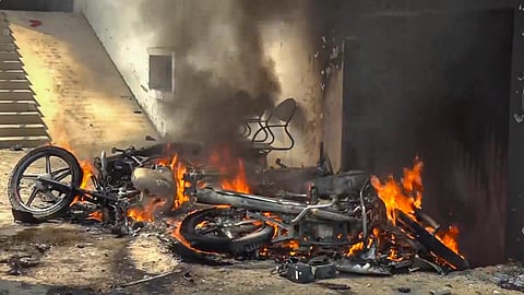 Motorbikes burnt following Sunday night violence during goddess Durga idol immersion, in Bahraich