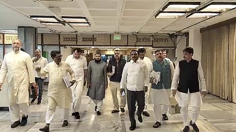 Opposition MPs after the meeting of the Joint Parliamentary Committee on Waqf Amendment Bill, in New Delhi.