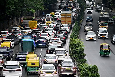 Slow-moving traffic on Ballari Road on Tuesday