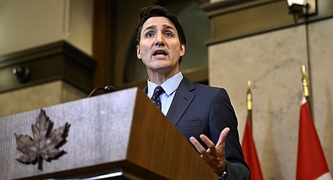 Canadian Prime Minister Justin Trudeau speaks at a news conference on the investigative efforts related to violent criminal activity occurring in Canada with connections to India, on Parliament Hill in Ottawa, Ontario, on Monday, Oct. 14, 2024.