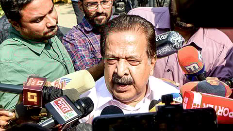 AICC Maharashtra in-charge Ramesh Chennithala speaks to the media after attending the meeting at the residence of party president Mallikarjun Kharge, in New Delhi on Monday.