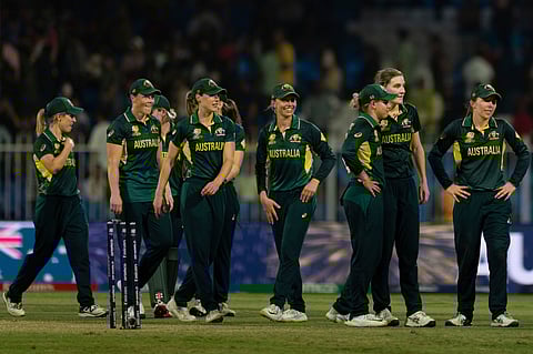 Australia's players celebrates their win against India during the ICC Women's T20 World Cup 2024 match at Sharjah Stadium, United Arab Emirates, Sunday, Oct. 13, 2024.